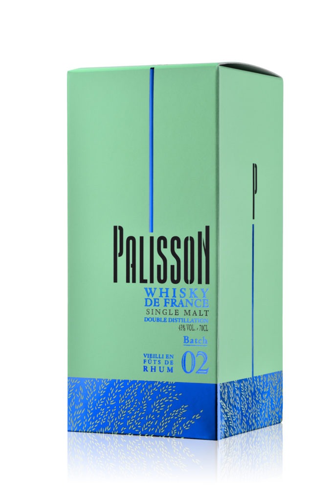 Packshot de l'étui de Palisson batch 02 whisky de france single malt fini en fûts de rhum, Palisson bleu