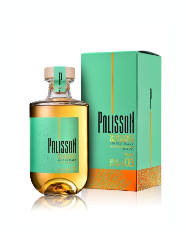 Packshot avec étui de Palisson batch 03 whisky de france single malt fini en fûts de bourbon, Palisson orange
